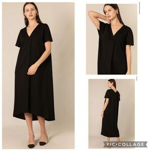 P. Cill Rae Lagenlook black linen blend black v neck midi dress